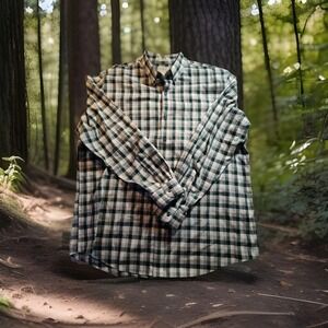 LL BEAN Shirt Mens Casual Button Up XL Cotton‎ Blend Green White Plaid 1080